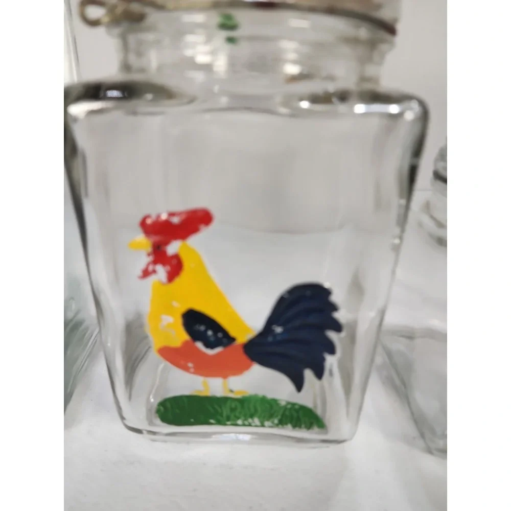 Vintage Hand Painted Rooster Canisters Clear Glass Wire Bale Lid 3pc See Descrip